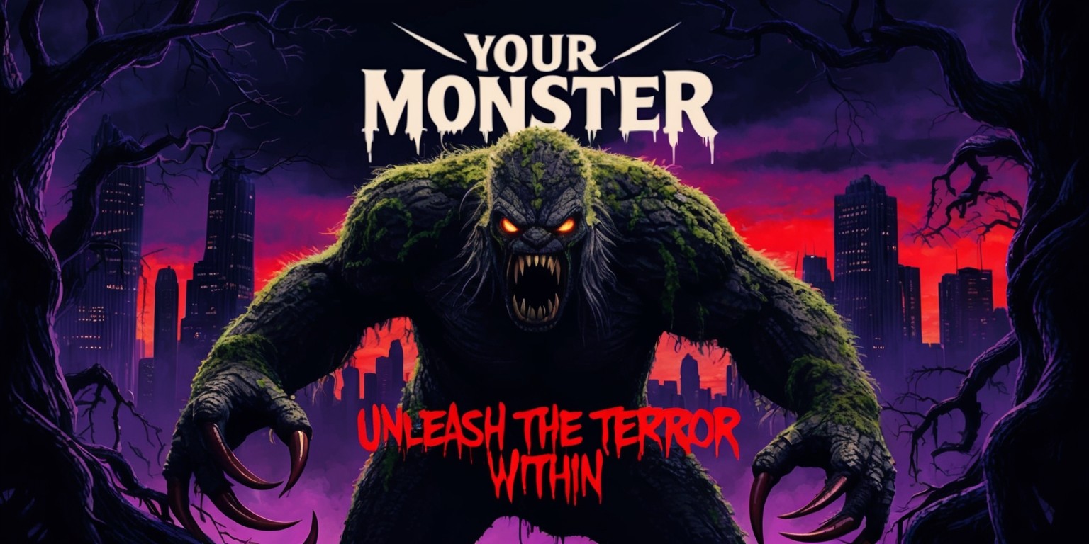 A cinematic poster for Your Monster movie featuring a hauntingly illuminated cityscape at dusk, with dark skyscrapers and twisted, gnarled trees looming in the background, set against a deep, foreboding purple sky with hints of red and orange hues. In the foreground, a menacing, hulking creature emerges from the shadows, its body a mass of razor-sharp claws, teeth, and scaly, moss-covered flesh, with glowing yellow eyes fixed menacingly on the viewer. The title Your Monster is emblazoned in bold, gothic lettering across the top of the poster, with the tagline Unleash the terror within written in smaller, cursive script at the bottom, in a dripping, blood-red font. The overall style is dark, gothic, and horror-inspired, with heavy shading and texture to evoke a sense of dread and unease.