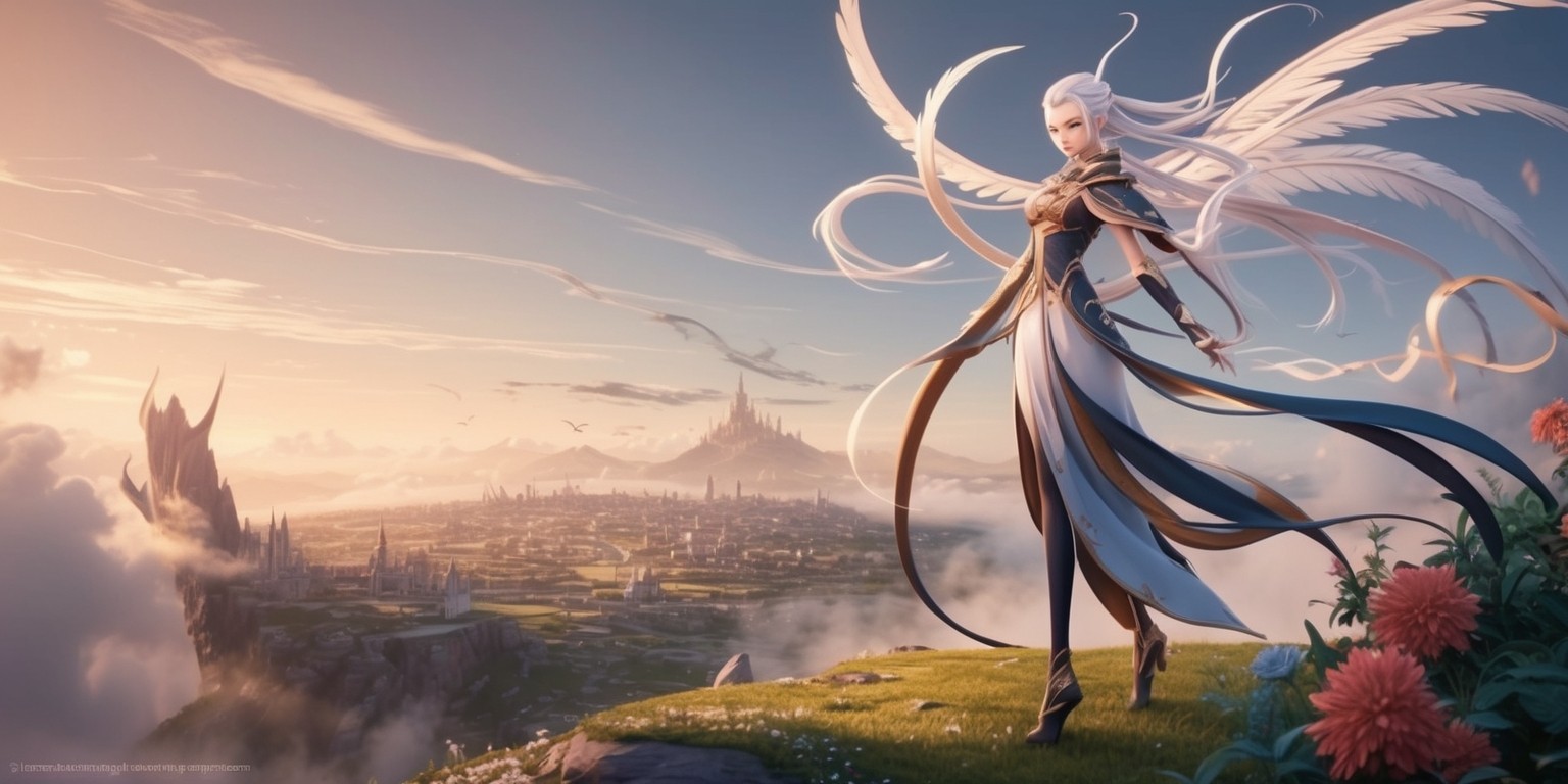 A majestic, serene landscape from the popular action role-playing game Genshin Impact, set against a warm, golden hour sky with whispers of crimson and orange hues, featuring a prominent, statuesque female character, likely the game's protagonist, with intricate, curved wings and flowing, snowy-white hair, donning a elegant, elongated outfit with a mix of Eastern and fantasy elements, standing heroically on a windswept cliff overlooking a sprawling, ancient city, with wispy clouds and misty fog rolling in, surrounded by lush greenery and vibrant, blooming flowers, with subtle, shimmering lights and mystical energies emanating from her being, as if harnessing the power of the elements, all rendered in a stunning, highly-detailed, anime-inspired art style with bold lines, vibrant colors, and a mix of realistic and fantastical textures, inviting the viewer to step into the world of Teyvat.