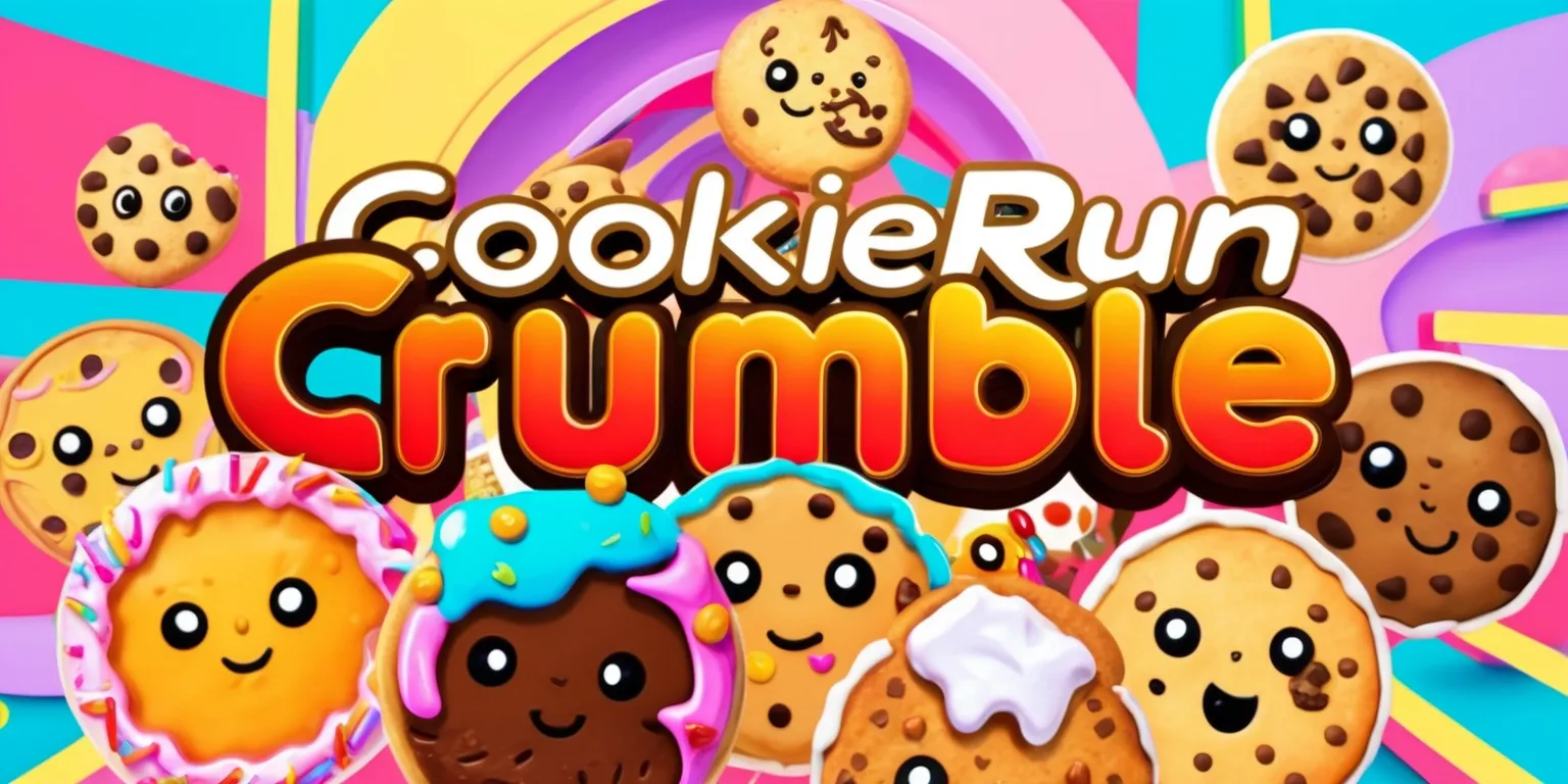 A vibrant and colorful digital illustration of the popular CookieRun game, specifically the Crumble mode, with a variety of cookies as characters, each with unique facial features and expressions, set against a bright and dynamic background with bold lines and shapes, featuring a mix of pastel and neon colors, with the game's logo prominently displayed in a modern, cursive font with a golden color scheme, and the Crumble mode title in a bold, red, sans-serif font, with cookie characters of different skin tones and accessories, such as frosting, sprinkles, and candy pieces, in the forefront, with a sense of movement and energy, as if the cookies are in the middle of a intense game.