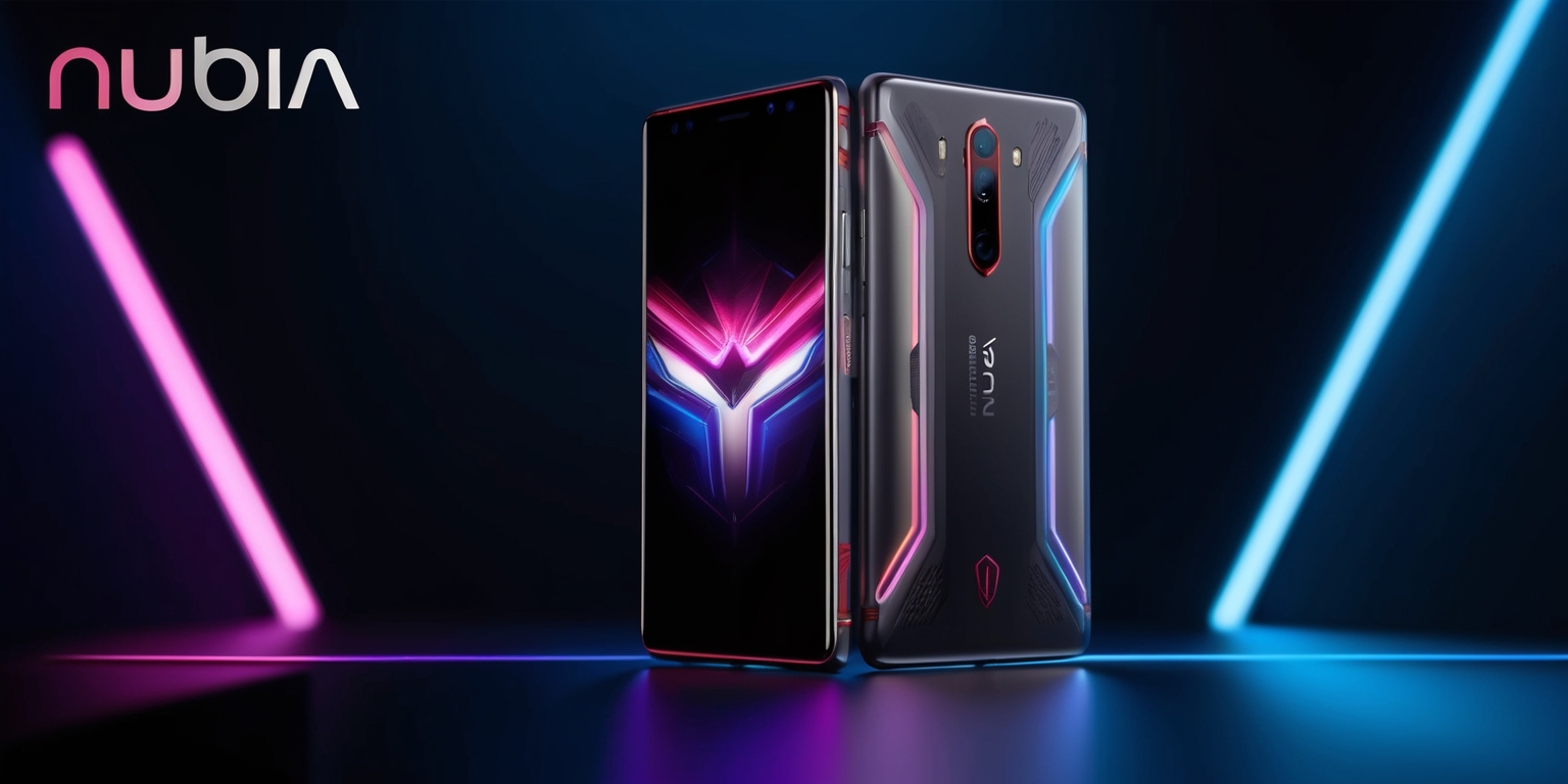 A sleek and modern Nubia gaming phone with a vibrant RGB light strip along its edges, metallic body, and a large high-definition touchscreen display showcasing a popular mobile game, set against a dark background with neon accents, the phone's angular design and sharp lines highlighted by a soft gradient of blue and purple hues, with the Nubia logo prominently visible in bold silver font at the top, and a few subtle gaming-themed design elements such as a textured pattern on the back and a red accent on the power button, with a focus on the phone's premium materials and attention to detail, and a shallow depth of field to blur the surrounding environment and emphasize the device.