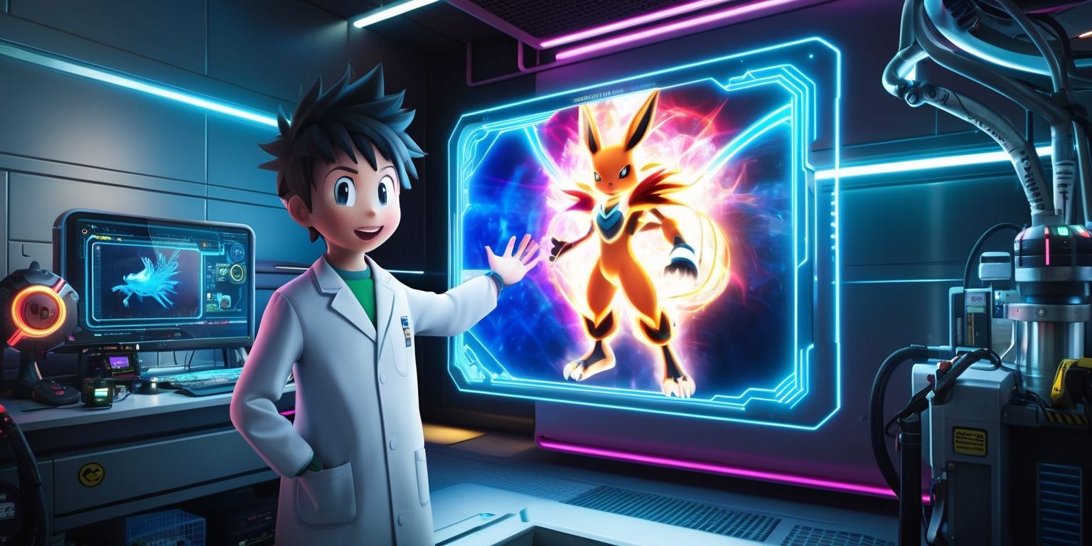 A futuristic laboratory setting with sleek metallic walls and neon lights, where a young adult with short spiky hair and bright curious eyes, wearing a white lab coat, stands in front of a large holographic screen displaying a Pokémon-inspired character, surrounded by various high-tech gadgets and machinery, with a vibrant color palette and dynamic lighting, the character on the screen begins to transform into a powerful creature with glowing aura and intricate details, as the laboratory equipment beeps and flashes, capturing the essence of a transformation simulation game, with bold lines, sharp textures, and a mix of digital and industrial elements, the overall atmosphere is one of excitement and discovery.