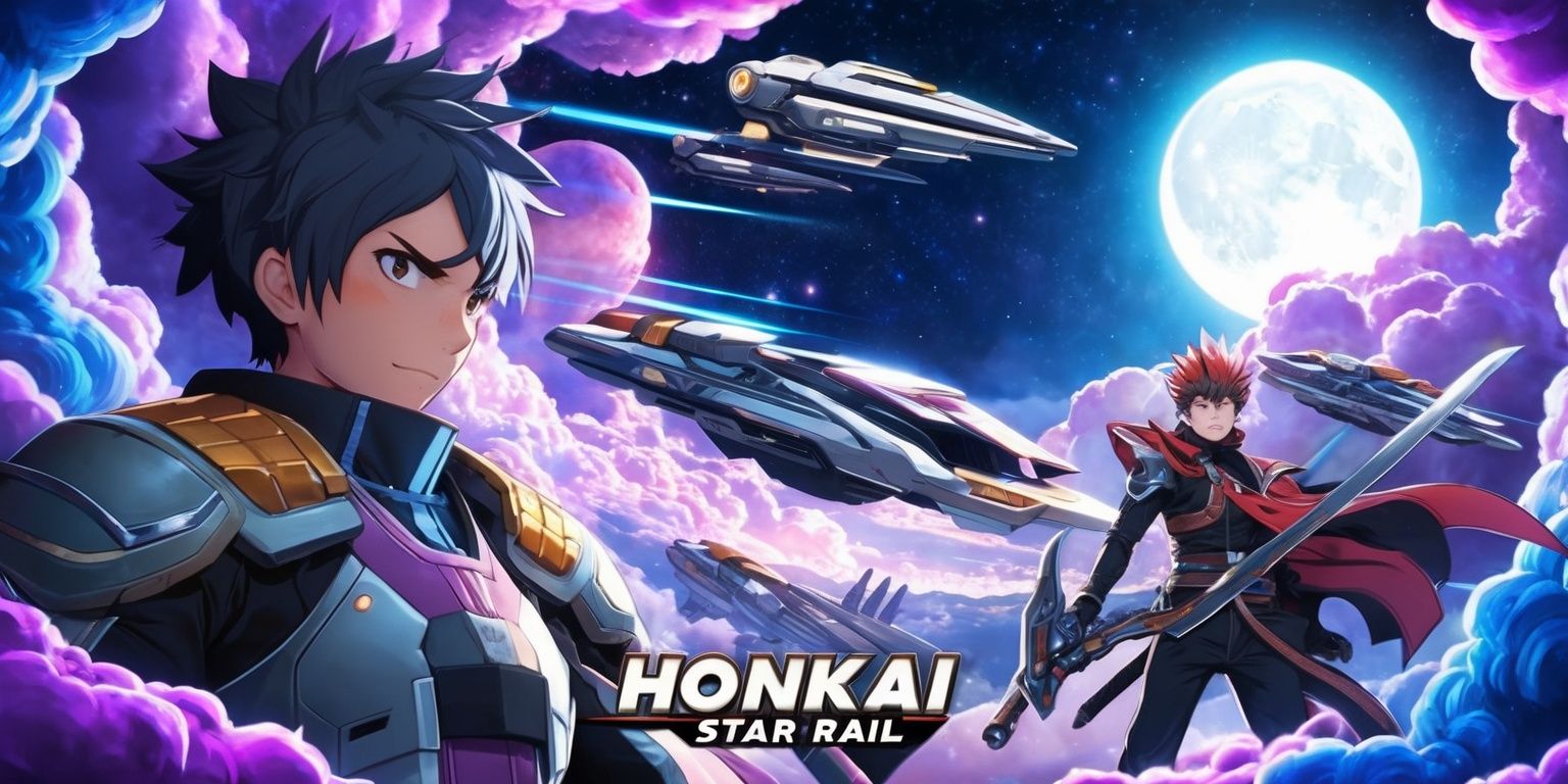 A futuristic sci-fi scene from the Honkai: Star Rail game, featuring a vibrant cosmic background with swirly purple and blue clouds, set against a stunning starry night sky with radiant stars and a glowing full moon, with sleek silver spaceships and celestial bodies, and characters from the game with intricate details, such as March 7th with short spiky hair and a determined expression, and Blade with his signature sword, all rendered in a stunning anime-style with bold lines, bright colors, and dramatic lighting, with a sense of adventure and exploration, and a hint of mystery and danger lurking in the unknown.