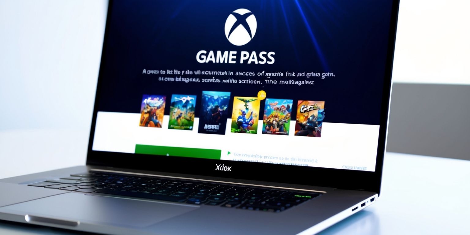 A close-up of a computer screen displaying the Game Pass subscription service webpage, with a dark blue and green color scheme, on a sleek, modern laptop with a silver finish, set against a clean, white background, featuring a prominent, bold, white Xbox logo at the top, surrounded by various game icons and thumbnails with vibrant, colorful graphics, including action-packed scenes and characters, with a few lines of text in a clean, sans-serif font, such as Open Sans, detailing the benefits and features of the service, including access to a vast library of games, exclusive discounts, and online multiplayer, with a call-to-action button in a bright, electric blue color, inviting users to join or sign in to their account.