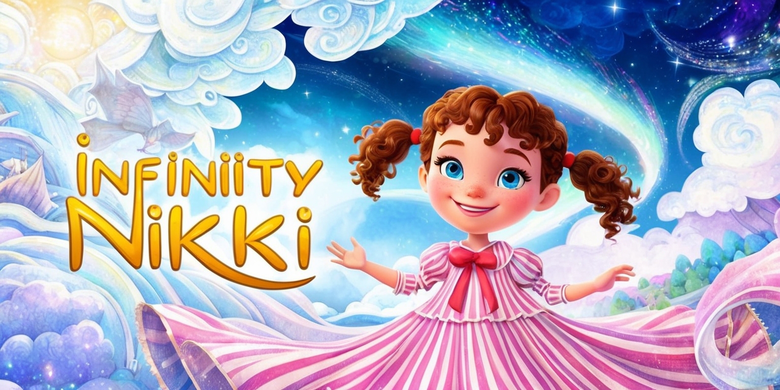 A vibrant, whimsical illustration depicting the fantastical world of the Infinity Nikki game, featuring Nikki, the game's protagonist, at its center. Nikki is shown with bright, expressive blue eyes, a kind smile, and short, curly brown hair tied up in pigtails, wearing a flowing white and pink striped dress with a red bow tied around her neck. The background is a mesmerizing blend of swirling clouds, starry night skies, and shimmering aurora borealis, with delicate, hand-drawn textures reminiscent of traditional watercolor painting. The overall aesthetic is dreamy, ethereal, and full of wonder, capturing the imagination and essence of the Infinity Nikki game.