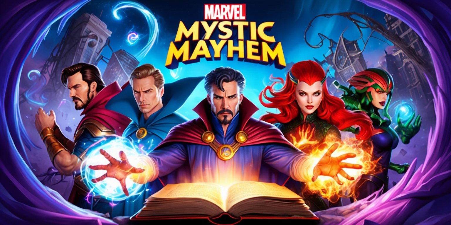 A vibrant, action-packed illustration of the Marvel Mystic Mayhem game, set against a dynamic, swirly background of deep blues and purples, evoking a sense of mystical energy. In the foreground, a cluster of iconic Marvel characters, each with distinct, expressive facial features and vibrant, detailed costumes, are gathered around a glowing, ancient tome, surrounded by swirling magical auras and mystical artifacts. Doctor Strange, with his sharp jawline and piercing blue eyes, stands tall, his cloak billowing behind him, as he grasps the glowing tome. Next to him, the Scarlet Witch, with her fiery red hair and piercing green eyes, summons a burst of magical energy, her hands aglow with crimson light. In the background, a cityscape lies in ruins, with crumbling buildings and twisted metal debris, as if the very fabric of reality is unraveling. The title Marvel Mystic Mayhem emblazoned in bold, fiery letters across the top of the image, with the tagline Magic Unleashed written in smaller, curved text beneath it.