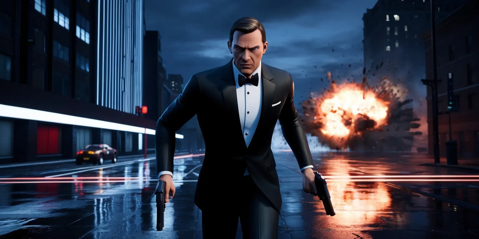A high-contrast video game screenshot of 007 First Light, featuring a secret agent with a strong jawline and piercing eyes, dressed in a sleek black tuxedo, set against a dark and sophisticated cityscape at dusk with neon lights reflecting off wet pavement, the color palette is predominantly dark blues and greys with accents of bright whites and reds, the composition is dynamic with the agent positioned in the foreground, guns drawn, and a massive explosion illuminating the background, the style is reminiscent of modern first-person shooter games with crisp textures and realistic lighting, the layout is cinematic with a shallow depth of field, and the framing is tight, focusing on the agent's determined expression and the chaos unfolding around him.