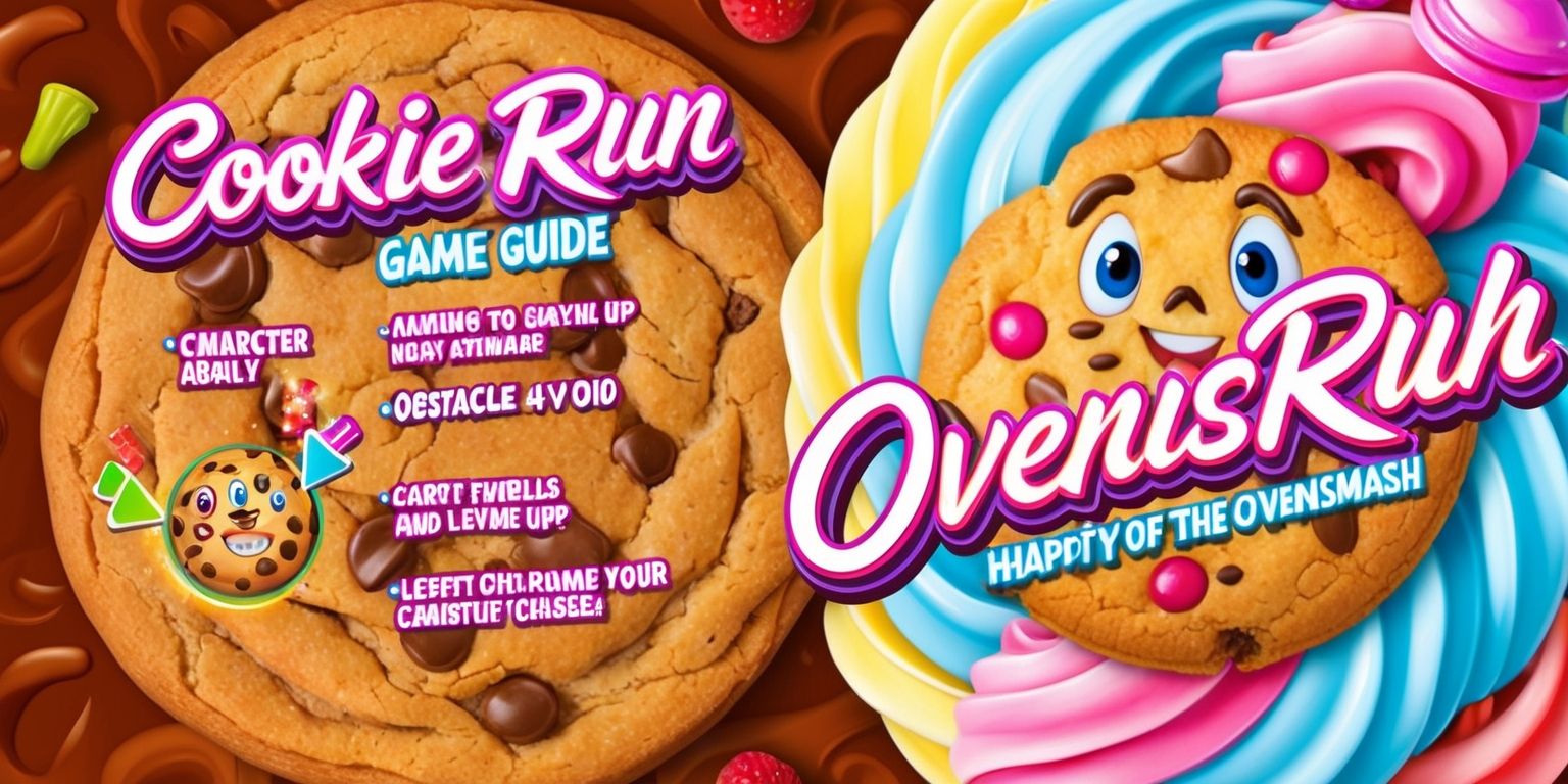 A vibrant and detailed illustration of a Cookie Run game guide for OvenSmash, set against a warm, golden-brown background that resembles a baked cookie, with bold, colorful fonts and graphics highlighting key gameplay elements, including character abilities, obstacle avoidance, and leveling up, featuring a prominent image of the OvenSmash cookie character in the center, with bright, shining eyes and a determined expression, surrounded by lush, swirling patterns of frosting and candy, and incorporating the game's logo in a modern, cursive script with a mix of pastel and neon colors, including pink, blue, yellow, and orange, with a subtle gradient effect to give the logo a sense of depth and dimensionality.