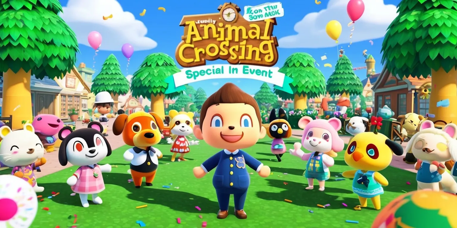A vibrant and colorful scene of a town from the Animal Crossing game, filled with adorable characters, lush green trees, and various event decorations, with Tom Nook standing at the center, wearing his signature smile and outfit, surrounded by other beloved characters such as K.K. Slider, Isabelle, and Sable, all having unique facial features and expressive emotions, with a bright sunny sky and fluffy white clouds in the background, and a banner with bold, playful, and cursive font that reads the name of the special in-game event, with balloons and confetti scattered around, and the overall atmosphere is joyful and lively, capturing the essence of a celebratory gathering in the Animal Crossing universe.