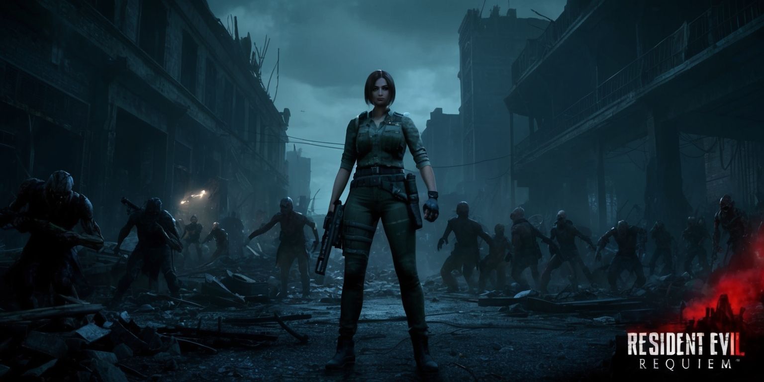 A dark and ominous scene from the Resident Evil Requiem game, with a haunting atmosphere and eerie lighting, featuring a mix of horror and action elements, set in a dimly lit, ruined cityscape with destroyed buildings and debris-filled streets, and a sense of foreboding and dread, with the main character, likely Leon S. Kennedy or Claire Redfield, standing tall with a determined expression, wearing a rugged outfit and wielding a powerful weapon, surrounded by hordes of terrifying undead creatures, with a focus on intense action, suspense, and survival horror, and a color palette of dark blues, greys, and blacks, with flashes of red and orange from explosions and gunfire, and a gritty, realistic art style with detailed textures and shading.