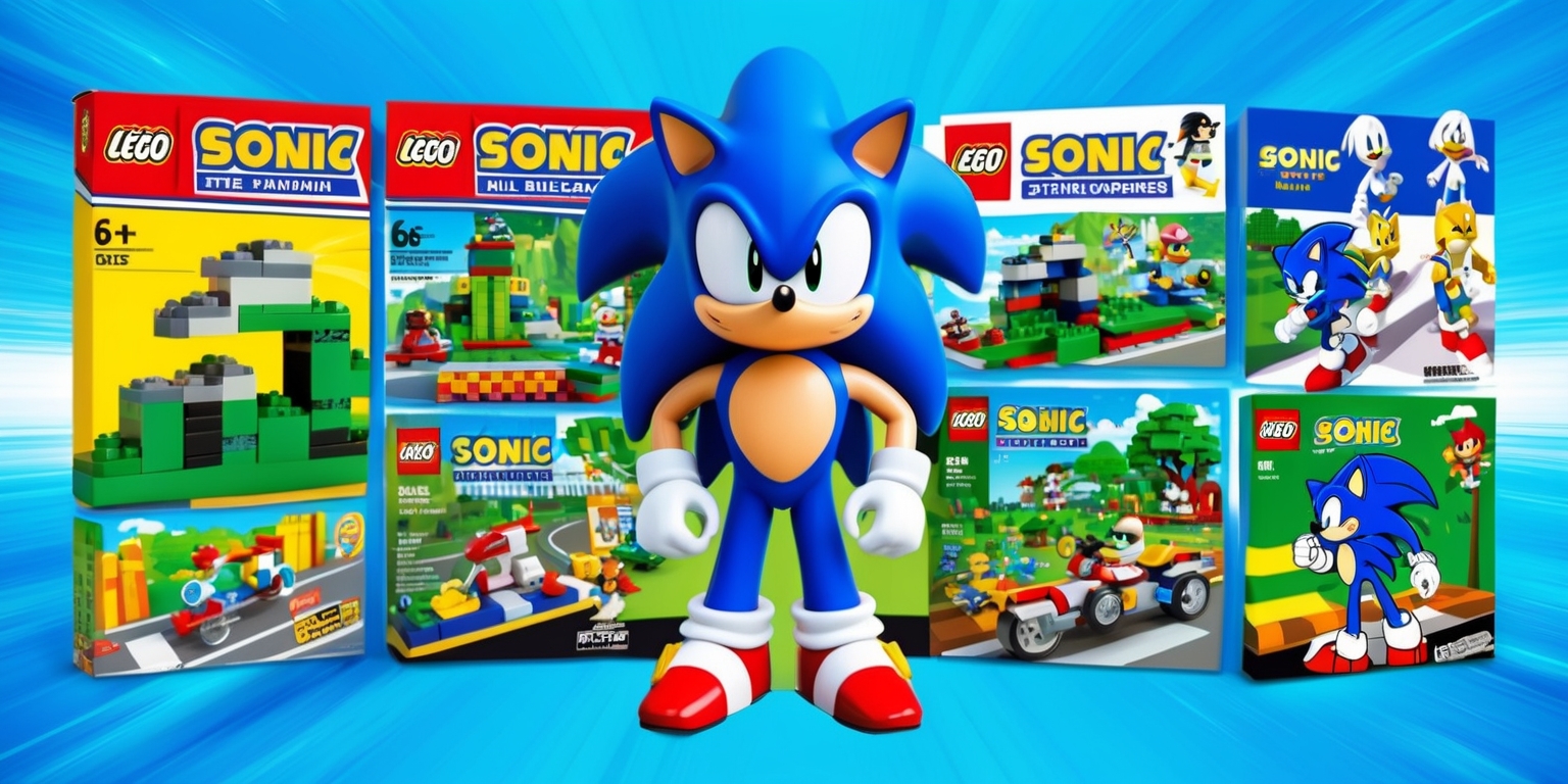 A vibrant and colorful illustration featuring a collection of Lego Sonic the Hedgehog sets against a bright blue background, with a subtle gradient effect to represent the speed and energy of the beloved video game character. The Lego sets are prominently displayed, showcasing various iconic scenes and characters from the Sonic franchise, such as the Green Hill Zone, Dr. Eggman's robots, and Tails. The sets are arranged in a creative and dynamic layout, with Sonic himself taking center stage, standing proudly with his signature confident stance and bright blue spikes. The image is rendered in a stylized, exaggerated style, blending the classic look of Lego bricks with the bold, action-packed spirit of the Sonic games. The overall aesthetic is playful, fun, and bursting with energy, making it a must-have for any Sonic fan.