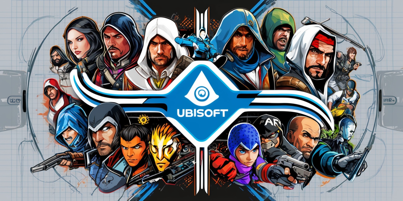 A detailed, colorful illustration showcasing the various gaming strategies of Ubisoft, set against a sleek, modern background with a subtle grid pattern, hinting at a tactical approach. The image features iconic characters and symbols from popular Ubisoft franchises, such as Assassin's Creed, Far Cry, and Just Dance, in a stylized, 3D format, blending together in a cohesive, dynamic composition. The characters' facial expressions convey determination, focus, and excitement, with vibrant, bold colors used throughout to evoke a sense of energy and action. The Ubisoft logo, in its signature blue and white color scheme, takes center stage, surrounded by subtle, curved lines and shapes, adding a sense of movement and fluidity to the design. The overall style is a mix of digital painting and graphic design elements, with bold lines, geometric shapes, and intricate details, creating a visually striking and informative image.