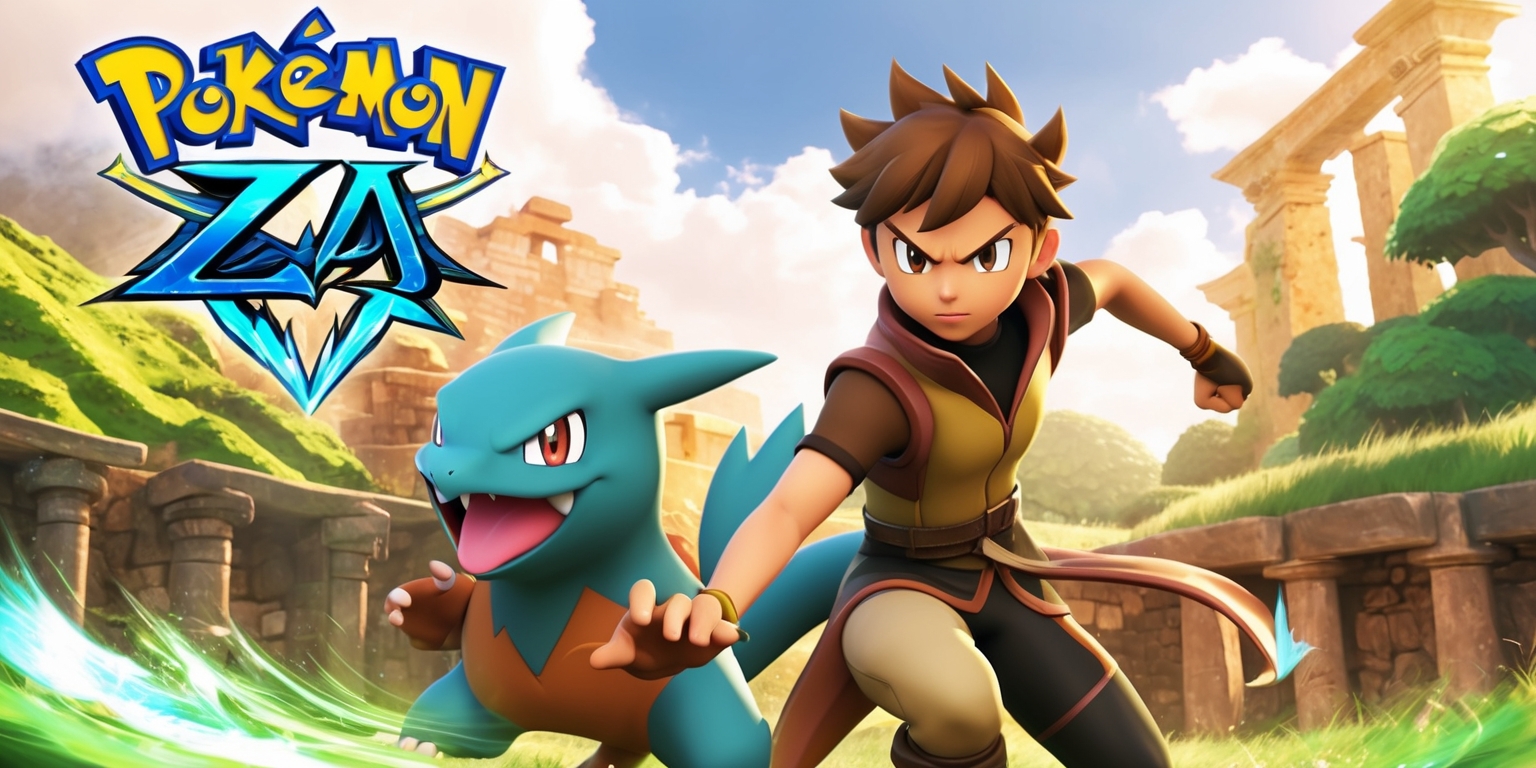 A vibrant, action-packed scene from Pokémon Legends: Z-A game, featuring a dynamic composition with a mix of lush green landscapes and ancient ruins, set against a warm, sunny backdrop with a few puffy white clouds, where a young, determined trainer with a strong facial expression, short brown hair, and tan skin, wearing a sleek, earth-toned outfit, stands bravely alongside their trusty, fiercely posed Pokémon, with a subtle, shimmering aura surrounding them, as they prepare for an epic battle, with the game's logo, in a bold, modern font with a metallic sheen, prominently displayed in the top left corner, in a bright, Electric Blue color that pops against the earthy tones of the scene.