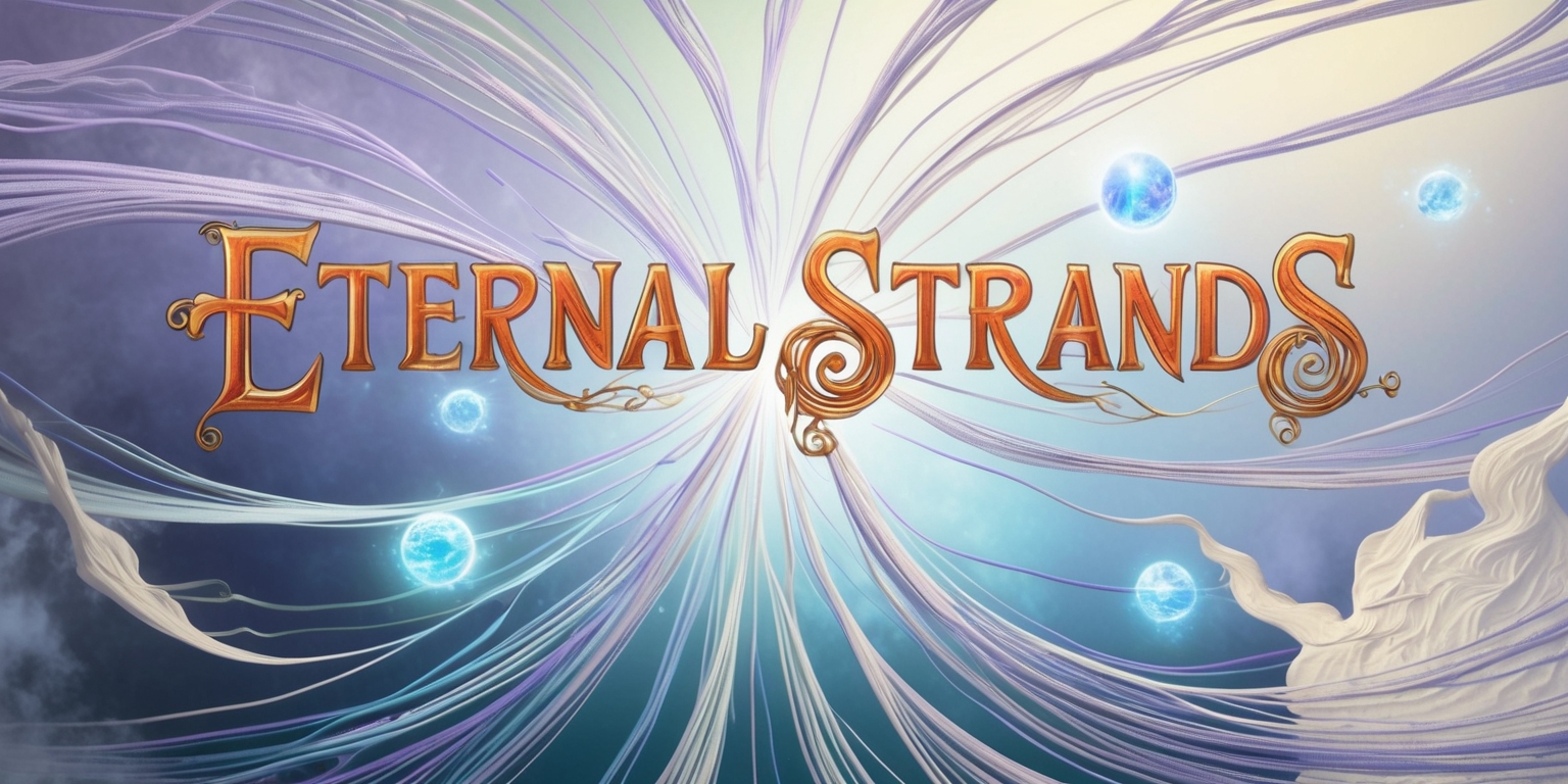 A mystical, dreamlike illustration of the Eternal Strands game, with swirling, ethereal threads weaving together in a mesmerizing dance, set against a soft, gradient background that shifts from indigo to lavender, evoking an otherworldly atmosphere. The game's title, Eternal Strands, is emblazoned across the top in bold, cursive script, with intricate, gold filigree adorning the letters, hinting at ancient wisdom. Delicate, luminous orbs suspended within the threads seem to pulse with a soft, blue light, as if holding the secrets of the game within. The overall design is symmetrical, with the threads radiating from a central axis, creating a sense of harmony and balance, while the color palette remains serene, with touches of cream and misty blue adding subtlety and depth to the piece.