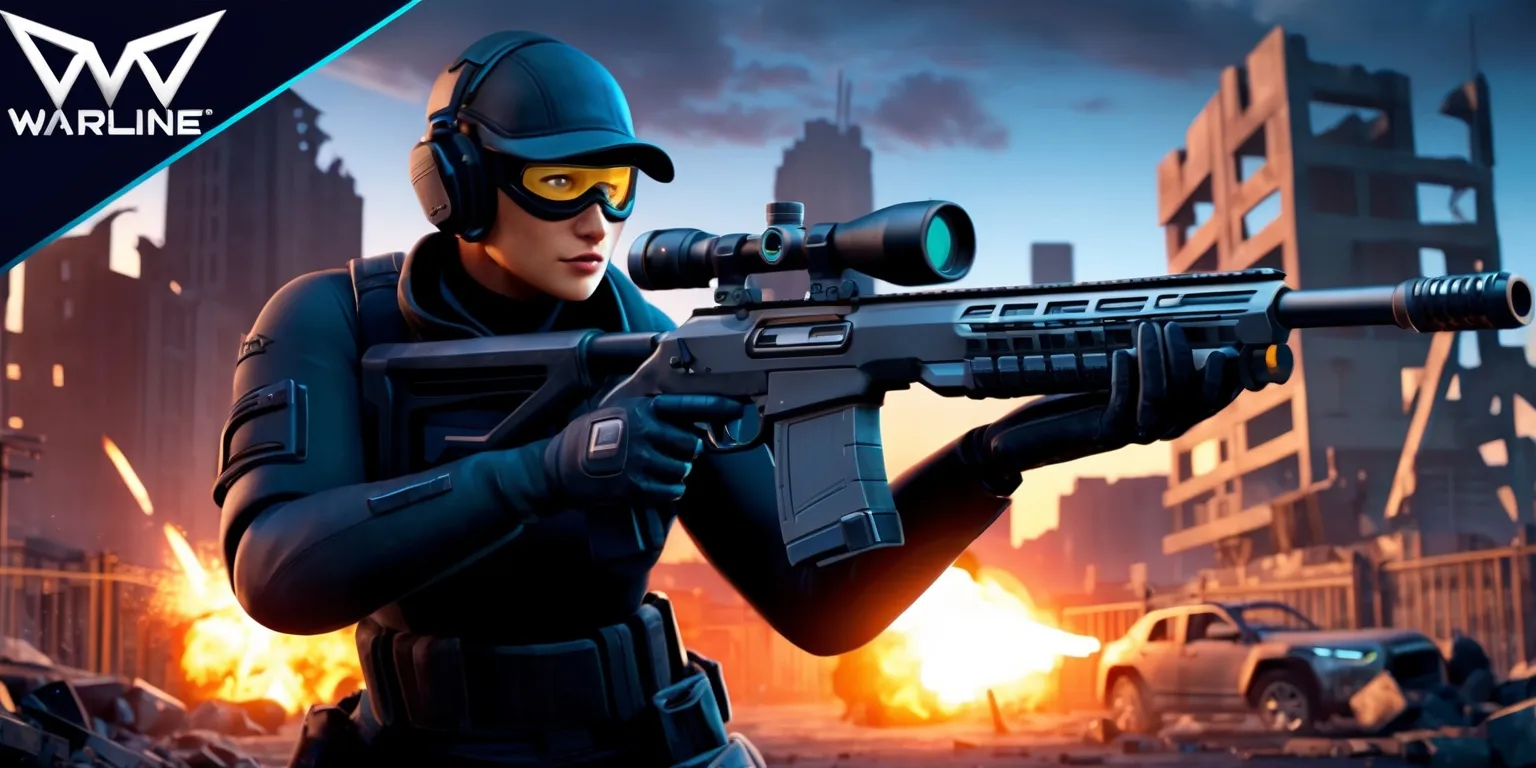 Warline Sniper Strike game scene with a futuristic first-person shooter setting, detailed 3D graphics, and an urban cityscape backdrop at dusk, featuring a sniper character with distinct facial features, wearing a black tactical uniform, helmet, and night vision goggles, holding a high-tech sniper rifle with a suppressor and scope, set against a background of ruined buildings, barricades, and exploding vehicles, with a color palette of dark blues, grays, and oranges, and a glimpse of the game's logo in a modern, bold, silver font at the top left corner of the screen.