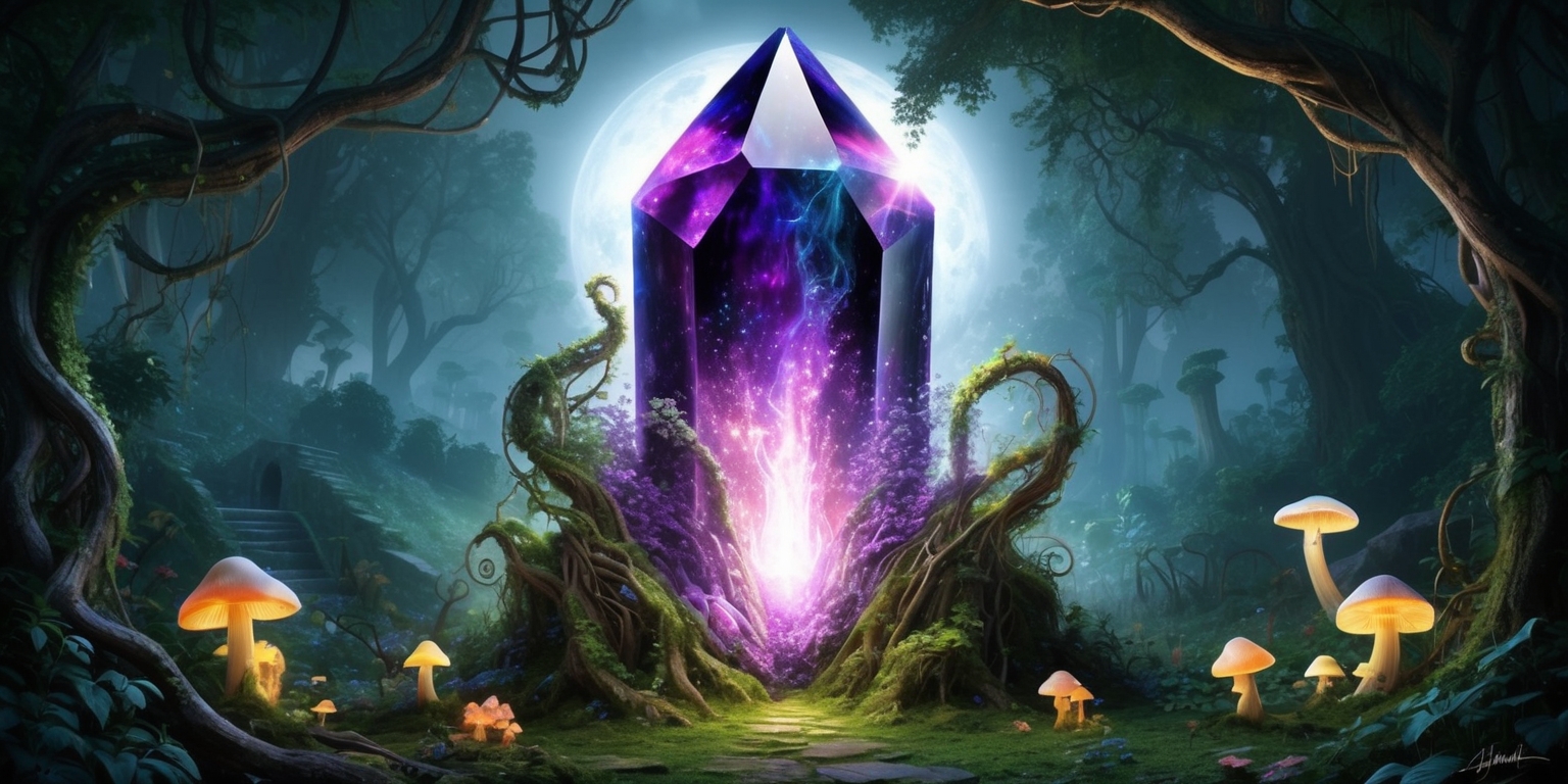 A majestic, ancient crystal rises from the heart of a mystical, lush forest, surrounded by twisted vines and glowing, ethereal mushrooms, evoking the mystical world of Atlan, with the crystal's facets reflecting hues of sapphire, emerald, and amethyst, and its center glowing with an otherworldly, pulsing light, set against a backdrop of misty, moonlit trees, with hints of forgotten ruins and ancient artifacts scattered in the underbrush, the entire scene bathed in a soft, dreamy, luminescent glow, as if the crystal is awakening, with subtle, shimmering particles and energy emanations radiating from its core, suggesting the mystical powers and secrets it holds, transporting viewers to a realm of wonder and magic.