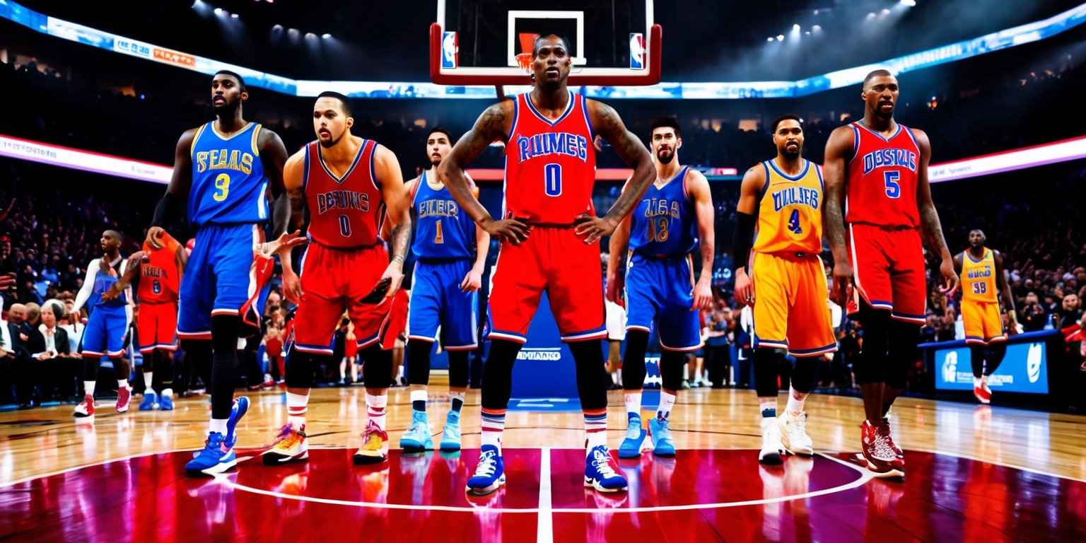 A dramatic basketball scene set in a large indoor arena with a zero score on the scoreboard, the court is filled with players wearing vibrant team jerseys and sneakers, their faces determined and focused on the game, the basketball hoop and backboard are prominent in the foreground, with a blurred crowd of spectators in the background, the colors are bright and bold, with shades of red, blue, and white, the overall style is dynamic and energetic, with bold lines and sharp lighting, the scoreboard and advertisements on the walls are clearly visible, with a sense of tension and anticipation in the air, the players' skin tones vary, with some having darker skin and others having lighter skin, their facial features are unique, with some having tattoos, earrings, or distinctive hairstyles.