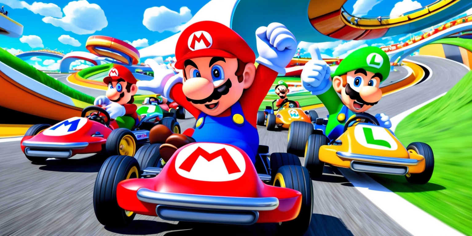 A vibrant, colorful illustration of Mario Kart 9 game, featuring Mario, Luigi, and other iconic characters from the Mario universe, set amidst a bustling, winding racetrack with vibrant blue skies, fluffy white clouds, and lush green grass. The characters are showcased in their signature karts, with intricate details on the vehicles, including headlights, exhaust pipes, and colorful decals. Mario, with his bright red cap and blue overalls, is at the center, looking determined and focused on the race ahead, while Luigi, with his green cap and yellow overalls, is shown giving a thumbs-up, exuding excitement and enthusiasm. The background is filled with dynamic, looping tracks, complete with steep hills, banked turns, and vibrant tunnels, creating a sense of energy and movement. The illustration is rendered in a stylized, cartoonish style, with bold lines, exaggerated expressions, and a mix of soft, pastel colors and bright, bold hues.