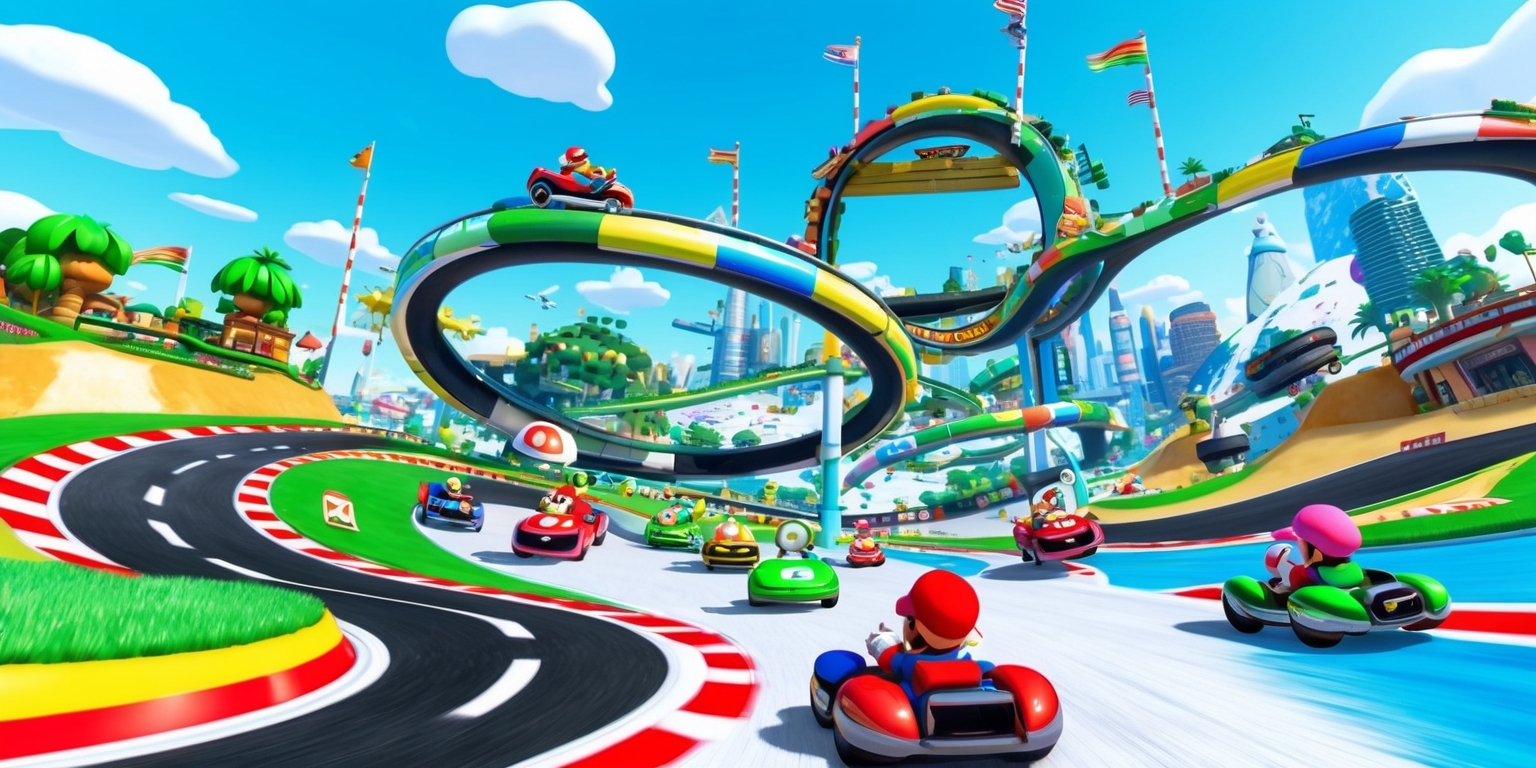 A vibrant, dynamic illustration of Mario Kart World racing track, set against a bright blue sky with puffy white clouds, showcasing a winding, serpentine track with differently themed sections, such as lush green grasslands, tropical rainforests, and icy terrain, deserts with sandy dunes, and urban cities with towering skyscrapers, all seamlessly merged together, featuring iconic Mario Kart elements like loop-the-loops, jumps, boost pads, and item boxes, with karts and characters from the Mario universe, like Mario, Luigi, Princess Peach, and Bowser, speeding around the track, with colorful flags and banners lining the circuit, all rendered in a stylized, exaggerated, and whimsical art style reminiscent of the Mario Kart game series.