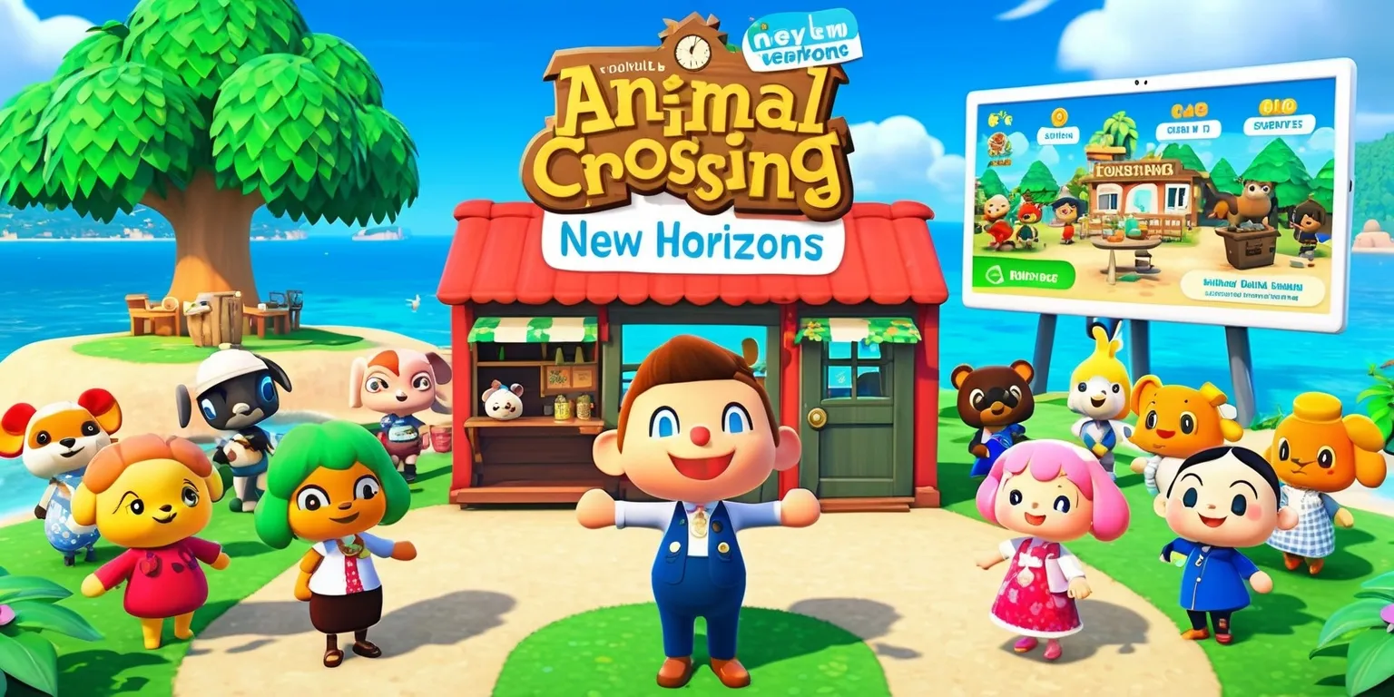 A vibrant and colorful digital illustration depicting the Animal Crossing New Horizons game update, set against a picturesque island backdrop with lush green trees, crystal-clear waters, and a bright blue sky, featuring Tom Nook standing in front of a renovated store with a cheerful expression, surrounded by various villagers including Isabelle, K.K. Slider, and other beloved characters, all with unique facial features and colorful clothing, with a large screen in the background showcasing the game's new update features, such as new furniture, characters, and gameplay mechanics, all rendered in a whimsical and charming style reminiscent of the game's signature aesthetic.