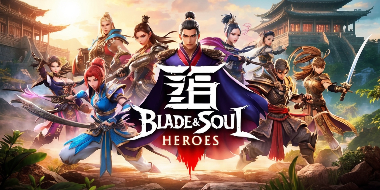 A vibrant and dynamic scene from the Blade & Soul Heroes game, featuring a diverse group of heroes with unique abilities and striking costumes, set against a stunning backdrop of ancient Asian-inspired architecture and lush natural landscapes, with intricate details and textures, and a warm, golden light casting a heroic glow on the characters, who are depicted in various dynamic poses, showcasing their distinctive facial features, skin tones, and hairstyles, with subtle hints of mythological and mystical elements, and the game's iconic logo prominently displayed in a bold, modern font with a touch of traditional Asian calligraphy.