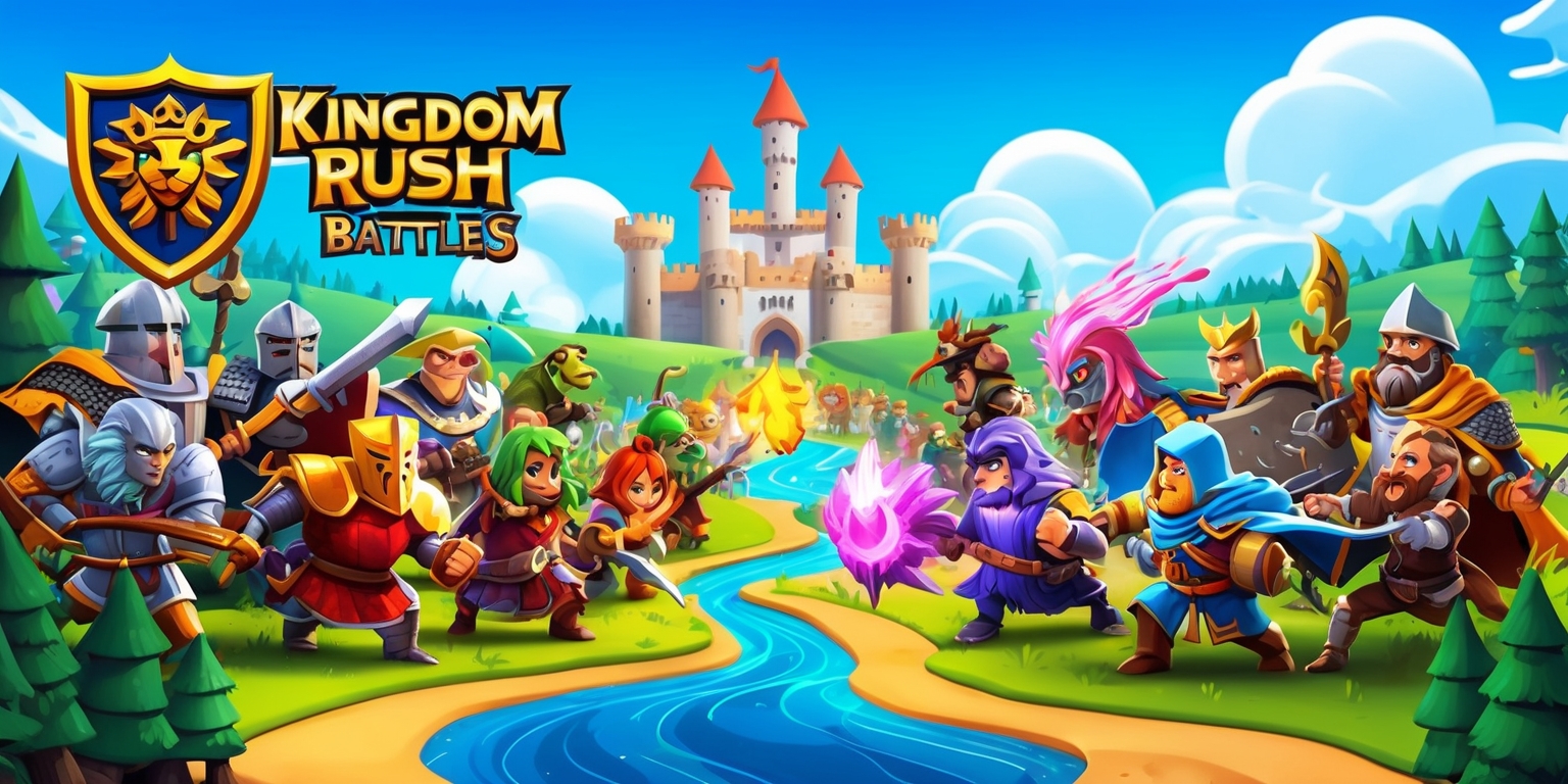 A colorful digital illustration of the Kingdom Rush Battles game, featuring a vibrant medieval fantasy landscape with intricate details, set against a bright blue sky with puffy white clouds, and a grand castle in the background, with various game characters, such as brave knights, fearsome orcs, and mighty mages, each with unique facial features, skin colors, and distinctive attributes, engaged in an epic battle, surrounded by lush green forests, rolling hills, and winding rivers, with the game's logo, a bold golden shield with a regal lion emblem, prominently displayed in the top left corner, in a modern digital art style with bold lines, textures, and dynamic lighting effects.