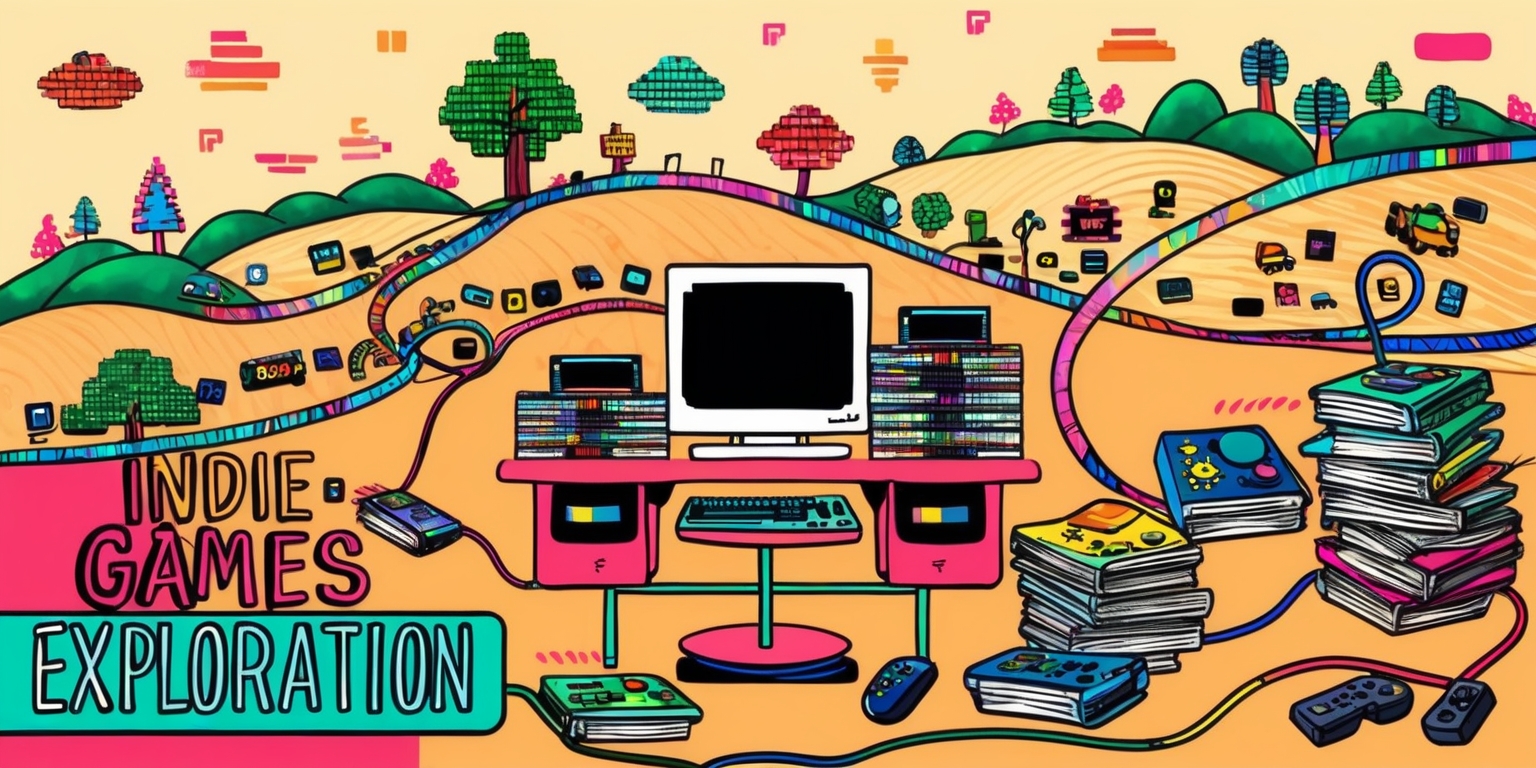 A vibrant and colorful illustration for an Indie Games Exploration article, featuring a whimsical landscape with rolling hills, scattered with various video game elements such as pixel art trees, 8-bit clouds, and winding paths made of gaming console wires. In the center, a stylized gamer's desk with a retro computer, surrounded by indie game cartridges, controllers, and stacks of notebooks filled with scribbled game design notes. The background blends warm, muted colors with neon hues, evoking a sense of nostalgia and creativity. The composition is playful, with bold lines, rounded shapes, and subtle textures. The illustration style is reminiscent of classic video game concept art, with a dash of modern digital illustration flair. Text elements include indie game-inspired typography, with the article title Indie Games Exploration written in a stylized, cursive font with bold, colorful letters.