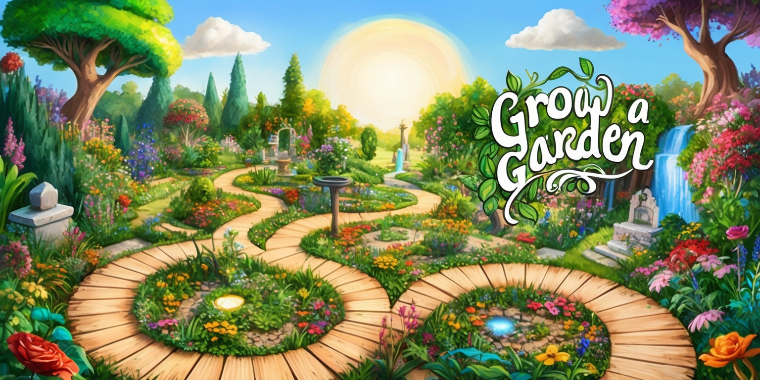 A whimsical illustration of a fantastical garden, overflowing with vibrant flowers, lush greenery, and towering trees, set against a warm, sunny sky with a few puffy white clouds, serving as the backdrop for a magical board game called Grow a Garden, where players use gardening tools and seeds to nurture and grow their own virtual gardens, with the game board featuring a winding path made of wooden planks, surrounded by colorful flowers and foliage, and adorned with intricate, hand-painted details, such as tiny garden creatures, stone statues, and sparkling water features, with the game title Grow a Garden written in bold, curly script font with leaves and vines intertwining with the letters, and a few open spaces on the board waiting for players to make their next move.
