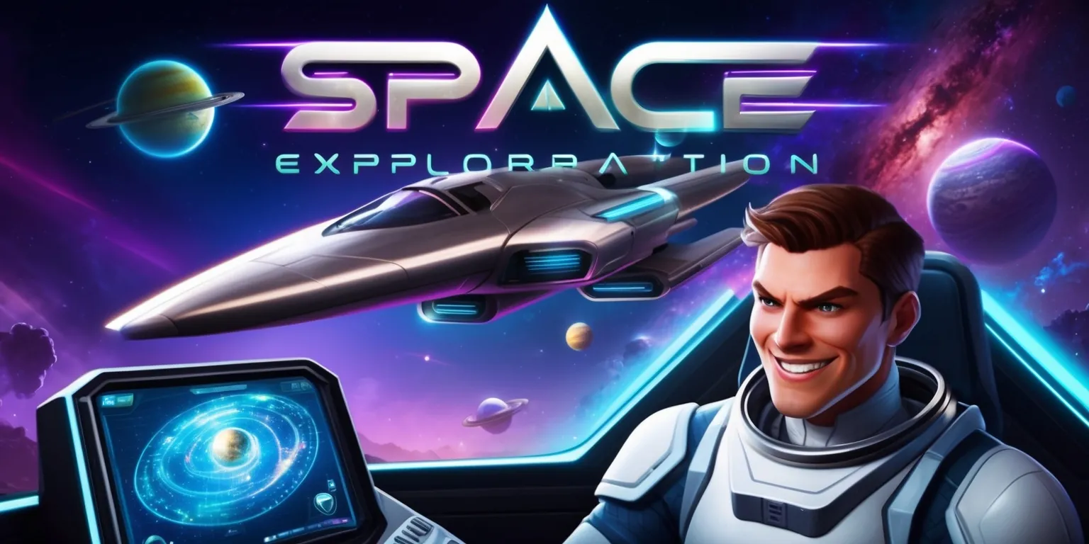 A futuristic space exploration game scene with a sleek spaceship at the center, set against a vibrant celestial background of stars, planets, and galaxies, with a mix of deep blues and purples, and hints of neon green and blue accents, the spaceship's metallic surface reflecting the colors of the surrounding environment, with a cockpit window showing a determined astronaut with a strong jawline, short brown hair, and a warm smile, wearing a white and silver spacesuit, with a control panel in front of them displaying a holographic map of the galaxy, and a logo of the game's title in bold, metallic letters with a futuristic font style, positioned at the top of the image, with a subtle gradient effect to give it a sense of depth and dimensionality.