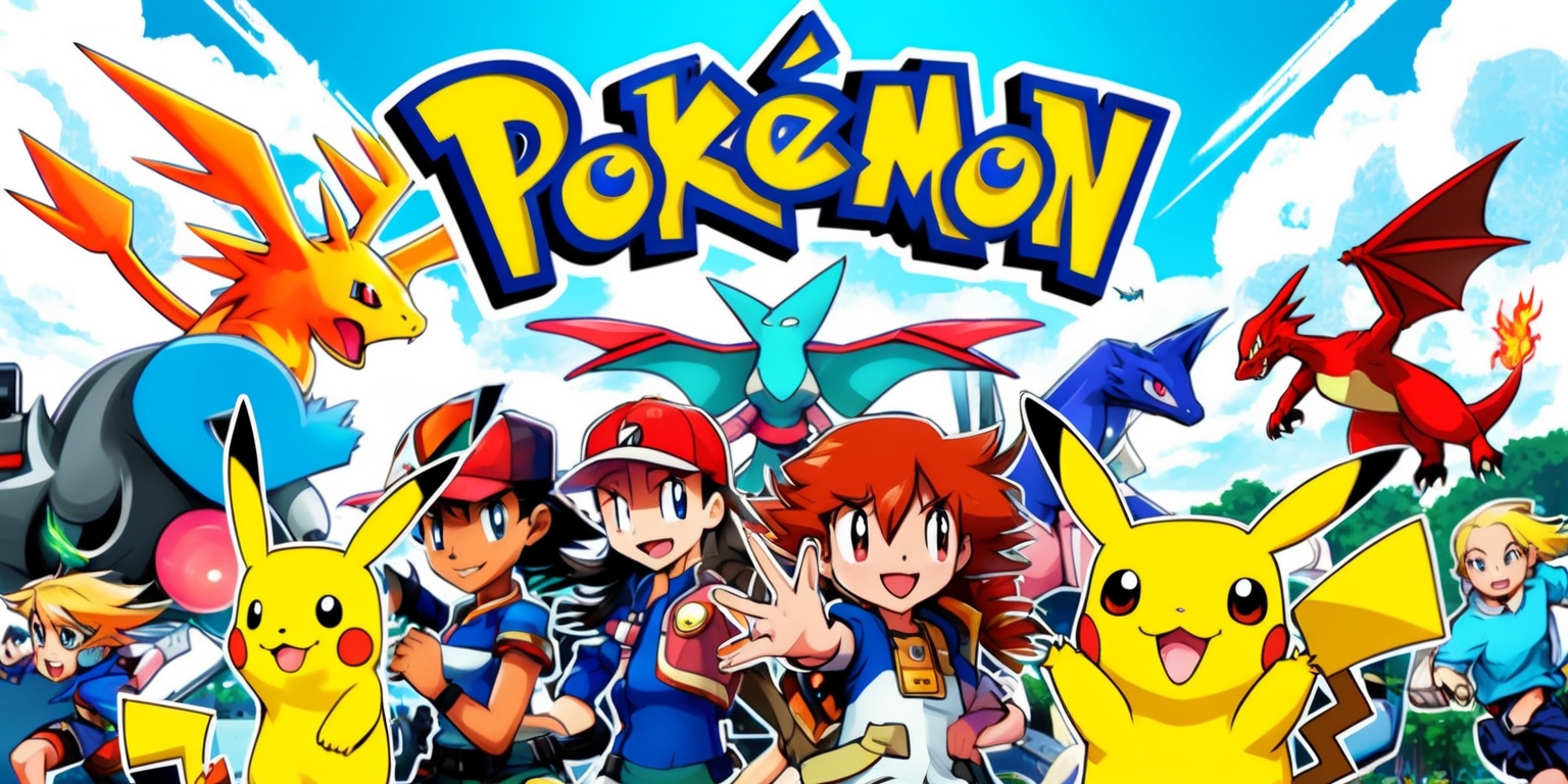 A vivid and detailed illustration of a Pokémon game scene, featuring a mix of popular Pokémon characters, such as Pikachu and Charizard, in a dynamic and colorful environment, with a medium shot framing, set against a bright blue sky with fluffy white clouds, incorporating a stylized font for the game's logo, with bold lines and vibrant colors, showcasing the Pokémon trainers and their unique facial features, including a variety of skin tones, hairstyles, and clothing, with a sense of excitement and adventure, and a subtle texture to give it a nostalgic feel, blending digital and hand-drawn elements, with a balanced layout and a clear focal point, capturing the essence of the Pokémon universe.
