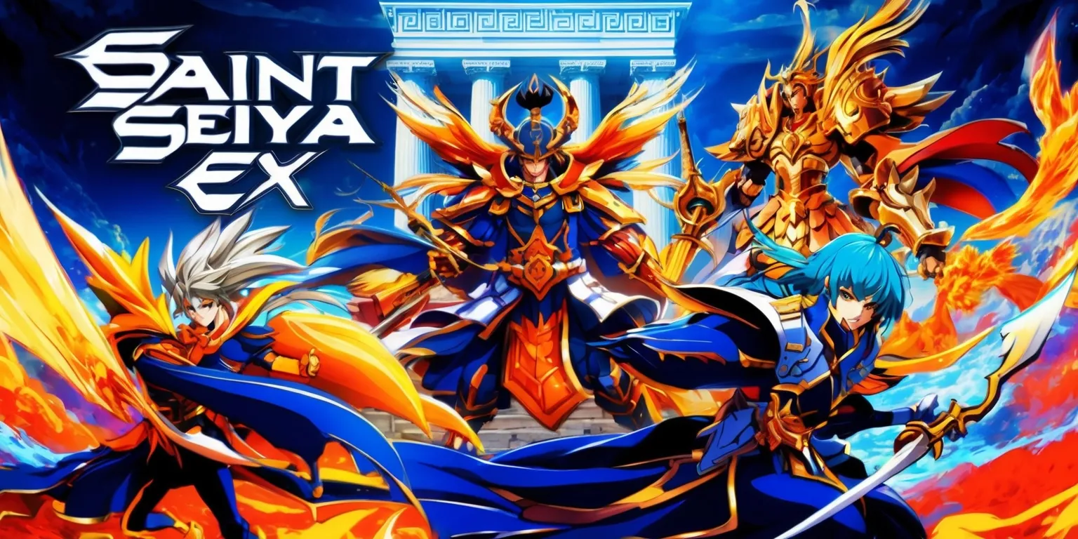 A vibrant and dynamic scene from the Saint Seiya EX game, featuring a detailed and stylized depiction of the iconic characters, with bold lines, sharp textures, and a palette of deep blues, fiery oranges, and radiant golds, set against a backdrop of ancient Greek-inspired architecture, with the Saint Seiya logo prominently displayed in a futuristic, metallic font, and the characters posed in dramatic, action-packed stances, showcasing their unique abilities and divine armors, with intricate details on their faces, hair, and costumes, and a sense of energy and movement emanating from the scene, as if frozen in a moment of intense battle.