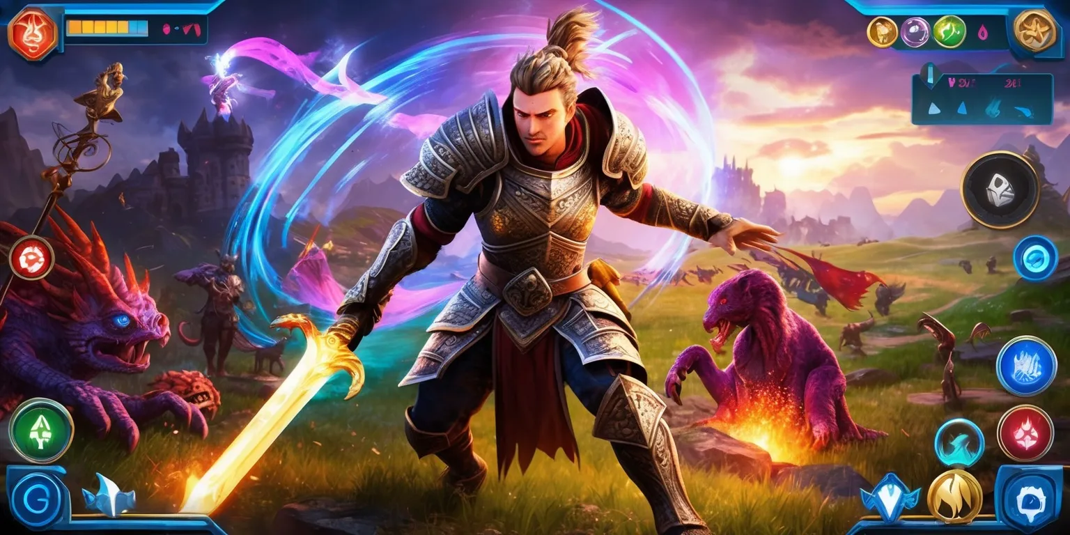 Mobile RPG game promotional artwork showing a heroic fantasy adventurer in detailed armor wielding a glowing sword, surrounded by colorful magic effects and fantastical creatures in a vibrant medieval landscape. Dynamic action pose, polished high-end 3D game art, rich textures, dramatic lighting, saturated colors, cinematic composition, and an immersive adventure atmosphere. Include a sleek mobile game interface with health and mana bars, ability icons, inventory elements, quest indicators, and clean readable menu buttons arranged around the edges without obscuring the central character. Portrait-oriented framing optimized for a smartphone screen, sharp details, appealing character design, and professional app-store quality.