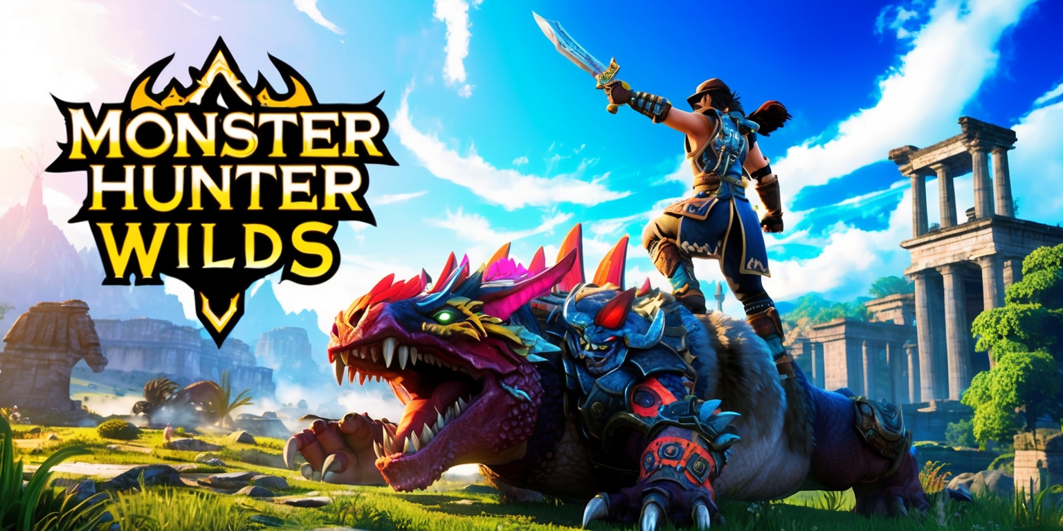 A vibrant, action-packed scene from Monster Hunter Wilds, featuring a fearless hunter standing triumphantly atop a felled giant monster, set against a dramatic, sun-drenched landscape of ancient ruins and lush, green forests, with wispy clouds drifting across a bright blue sky, and the hunter's armor and gear adorned with intricate, metallic details, glowing accents, and bold, colorful patterns, with the game's logo emblazoned prominently in the top-left corner in bold, golden font with a stylized, curved shape.