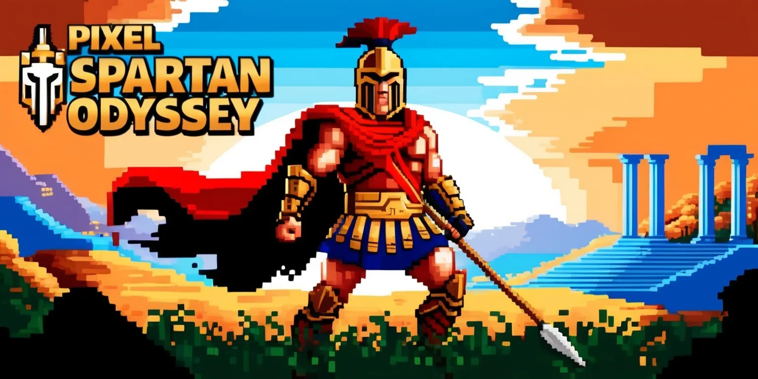 A vibrant pixel art scene depicting a Spartan warrior standing heroically in the midst of a majestic ancient Greek landscape, with rolling hills and towering stone columns in the background, set against a warm orange and blue ombre sky, the Spartan's iconic red cape flowing in the wind, their facial features strong and determined, with a sharp jawline and piercing brown eyes, wearing a classic Corinthian helmet and holding a long spear, the entire scene rendered in a beautifully detailed pixel art style, with bold lines, bright colors, and a sense of dynamic energy, the words Pixel Spartan Odyssey emblazoned across the top of the image in bold, golden font, with a stylized logo of a Spartan shield integrated into the title.