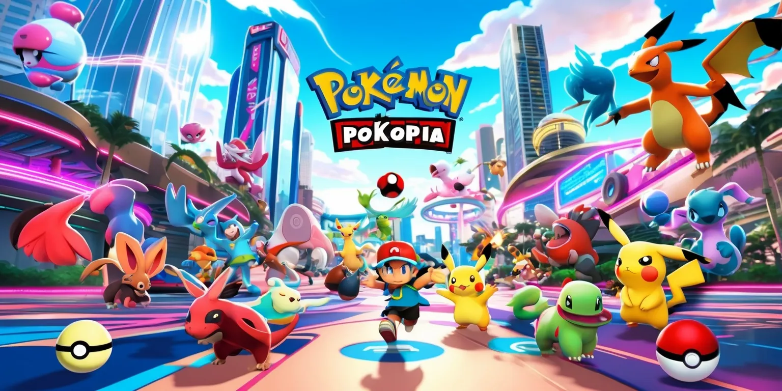 A vibrant and colorful digital illustration of the Pokémon Pokopia game, featuring a variety of Pokémon characters in a bustling cityscape with sleek skyscrapers and neon lights, set against a bright blue sky with fluffy white clouds, with a mix of earthy tones and pastel colors, and a dynamic layout with Pokémon roaming freely, interacting with each other and their surroundings, with a bold and modern style, and a sense of excitement and adventure, capturing the essence of the Pokémon universe, with a focus on the Pokopia game's unique art style and characteristics, and incorporating iconic Pokémon elements, such as Poké Balls and Trainer badges, in a visually stunning and engaging scene.