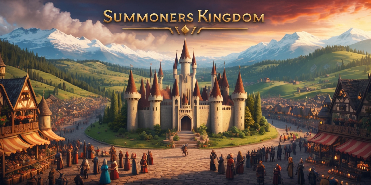 A majestic, sprawling landscape of Summoners Kingdom, a fantasy world inspired by medieval Europe, with rolling hills, verdant forests, and snow-capped mountains in the distance, set against a warm, golden sunset sky with hints of crimson and orange, evoking a sense of adventure and mystique, featuring a regal, ornate castle in the foreground, with tall spires and grand architecture, surrounded by a bustling town filled with people of diverse skin tones and attire, from knights and wizards to merchants and villagers, all busy with their daily activities, amidst a sense of lively market stalls, lanterns, and fluttering banners, with intricate, ornate details and textures, reminiscent of a richly illustrated medieval manuscript, and a hint of magic and wonder in the air.