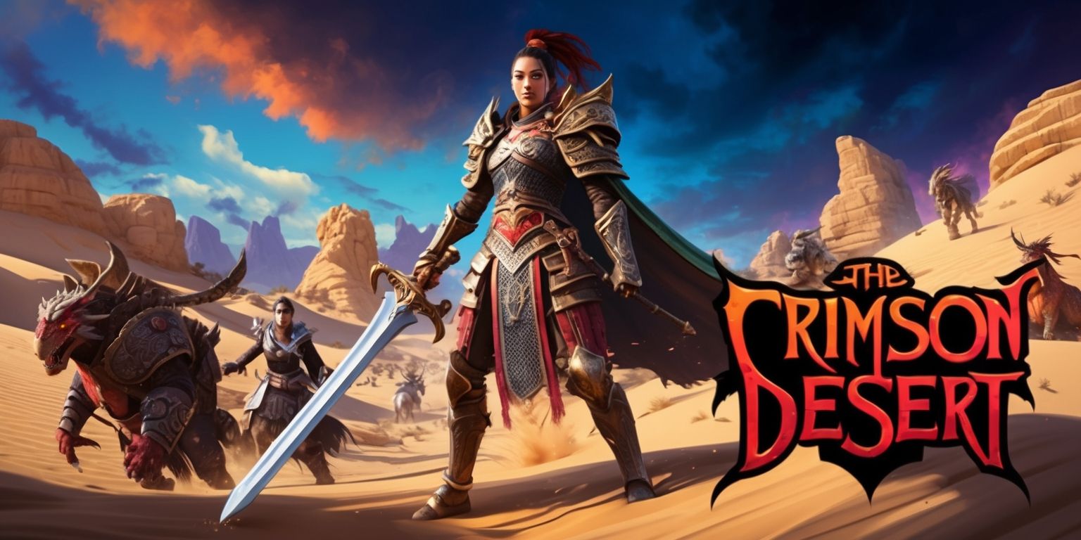 A vibrant and action-packed scene from the Crimson Desert game, with a dramatic landscape of sandy dunes and rocky formations under a deep blue sky with hints of orange and purple, featuring a character with intricate armor and a sword, standing heroically with a determined expression on their face, surrounded by other characters and creatures, all rendered in a highly detailed and realistic style with bold lines and textures, and a color palette that blends earthy tones with vivid hues of crimson and gold, with the game's logo subtly integrated into the scene in a metallic font with a bold, gothic shape and a deep red color.