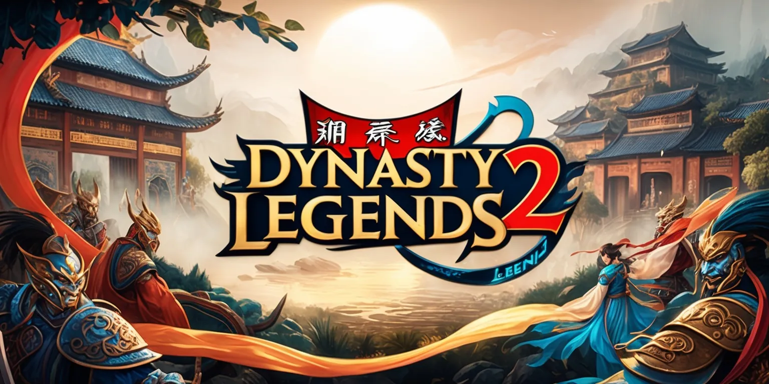 A detailed illustration of the Dynasty Legends 2 game, featuring a vibrant and epic scene with mythical characters and ancient Chinese-inspired architecture, set against a backdrop of misty mountains and lush forests, with a warm golden light casting a glow on the entire scene, and a mix of bold and intricate textures, including ornate armor, flowing silk robes, and mystical auras, with the game's logo prominently displayed in a stylized font with bold red and gold colors, and the tagline written in a curved line above the logo in a flowing cursive script with a deep blue color, all combined to create a sense of grandeur and adventure, with the overall style inspired by traditional Chinese art and modern fantasy elements, and the composition carefully balanced to draw the viewer's eye to the central figures and the game's title.